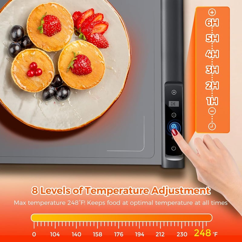 BROBIG Warming Mat for Food | Max Temp 248℉,Fast Full-Surface Food Warmer with 8-Level Adjustable and Timer,Roll-Up & Portable Silicone Food Heating Pad with Child Lock,Electric Warming Tray for Buffet Party - Image 3